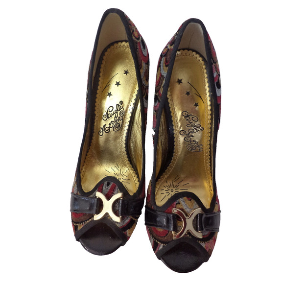 NAUGHTY MONKEY 9M OPEN TOE JEWELED PAISLEY TAPESTRY GOLD TRIM chunky HEEL SHOE - Picture 5 of 9